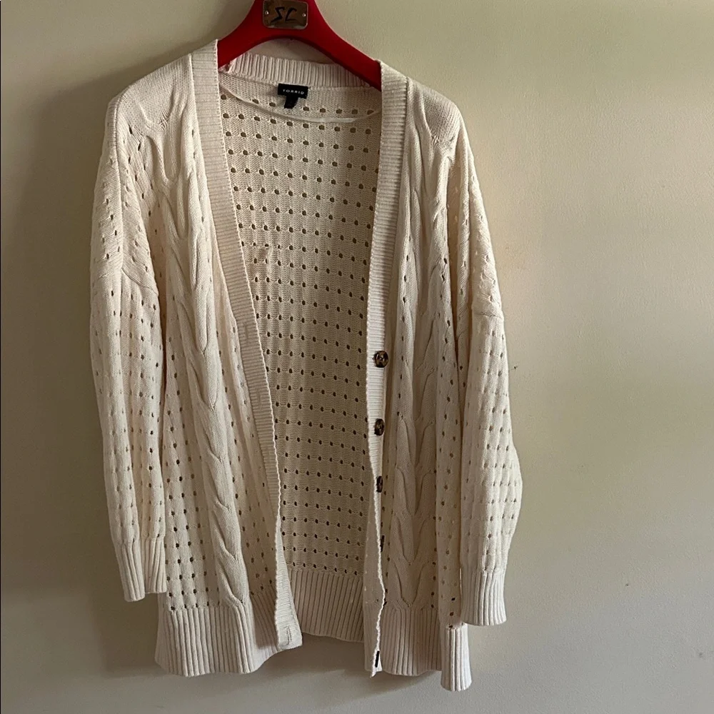 Torrid Cream Open Cable Knit Button Down Drop Shoulder Boyfriend Cardigan 3X - Picture 7 of 14
